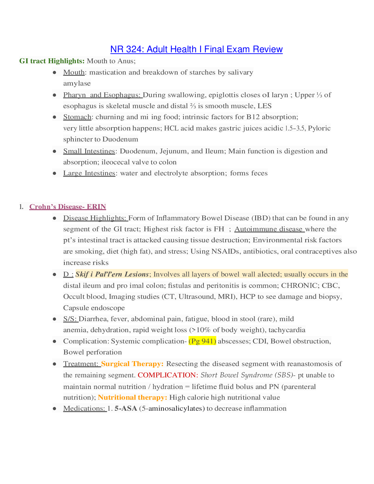Preview of NR324 / NR 324: Adult Health I Final Exam  Review (Latest 2021 / 2022) Chamberlain College